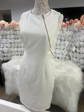 Calvin Klein White Sleeveless Sheath Dress with Asymmetric Zip